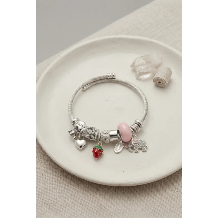 Mey İthalat® Fil Çilek ve Kalp Pembe Charmlı Bileklik