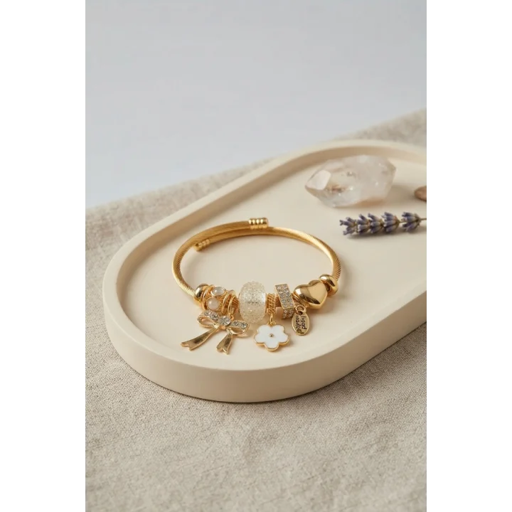 Mey İthalat® Fiyonk Charmlı Beyaz Renk Gold Bileklik