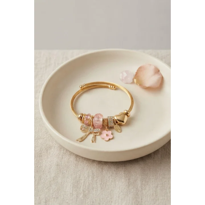 Mey İthalat® Fiyonk Charmlı Pembe Renk Gold Bileklik