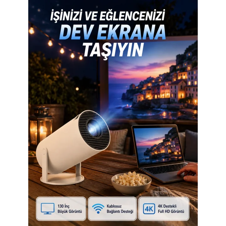 Mey İthalat® Full HD 4K Destekli Akıllı Projeksiyon – 130 inç Ekran, Uzun Ömürlü Ampul ve Çoklu Giriş