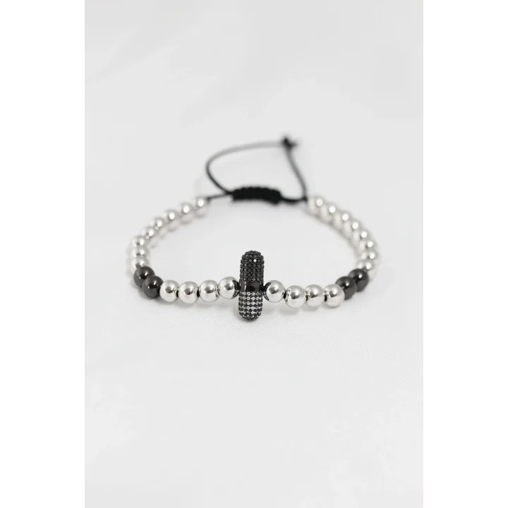 Mey İthalat® Füme Gümüş Renk Çelik Zirkon Objeli Asansörlü Bileklik