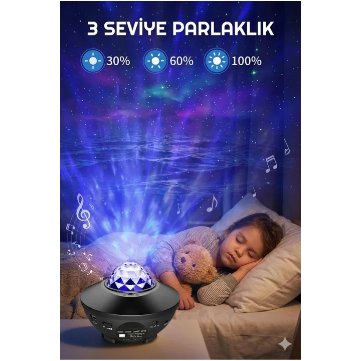 Mey İthalat® Galaksi Yıldız Projektörü ve Bluetooth Hoparlör 10 Renk Modlu Okyanus Dalgalı Gece & Disko ası