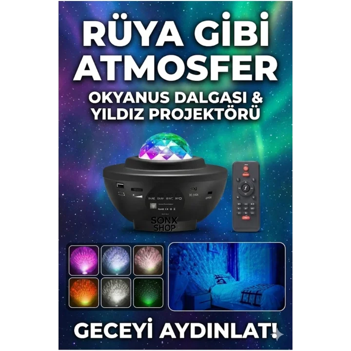 Mey İthalat® Galaksi Yıldız Projektörü ve Bluetooth Hoparlör 10 Renk Modlu Okyanus Dalgalı Gece & Disko ası