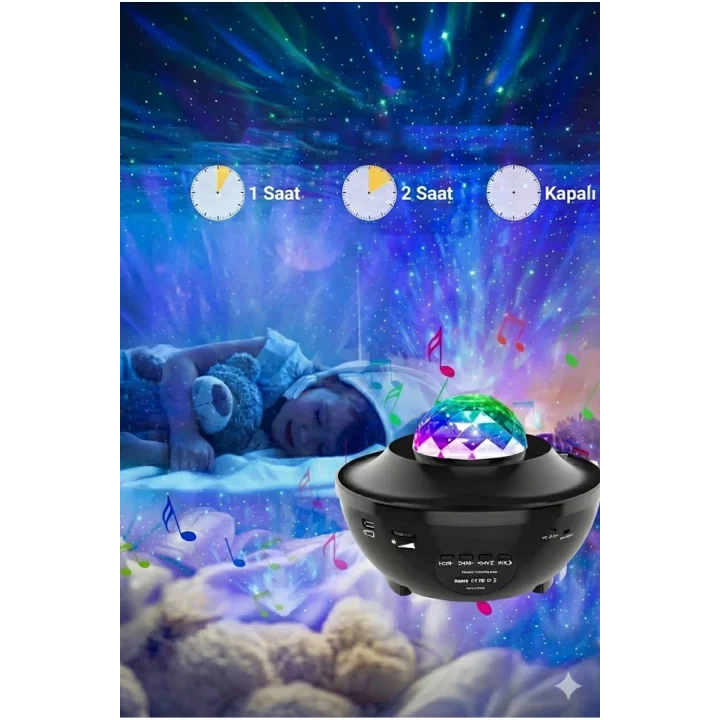 Mey İthalat® Galaksi Yıldız Projektörü ve Bluetooth Hoparlör 10 Renk Modlu Okyanus Dalgalı Gece & Disko ası
