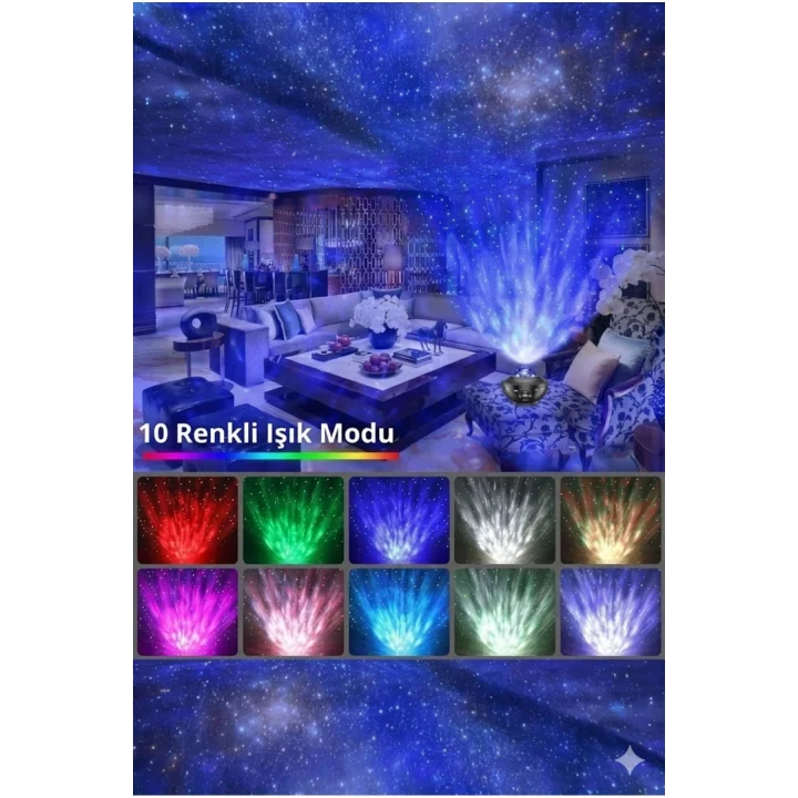 Mey İthalat® Galaksi Yıldız Projektörü ve Bluetooth Hoparlör 10 Renk Modlu Okyanus Dalgalı Gece & Disko ası