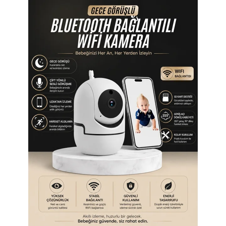 Mey İthalat® Gece Görüşlü Bebek Kamerası  Telefondan Canlı Takip Özellikli