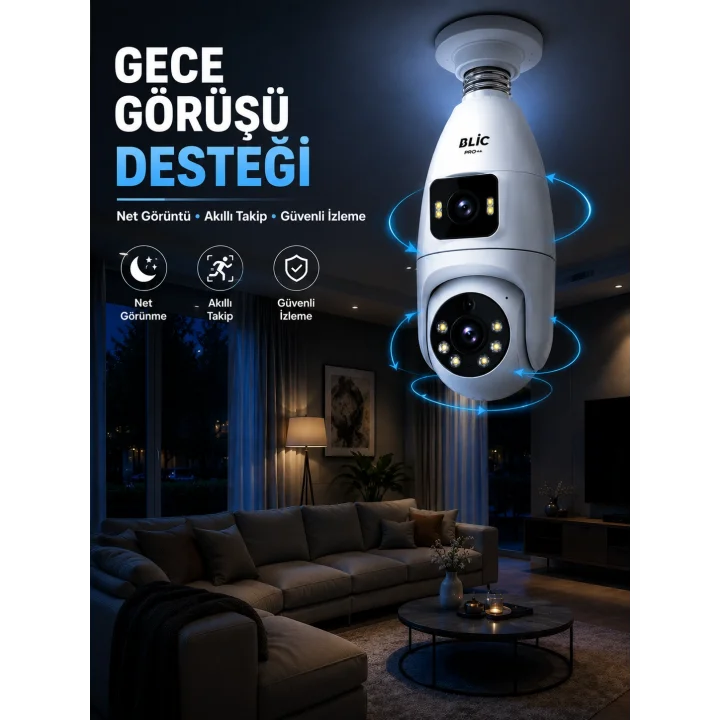 Mey İthalat® Gece Görüşlü Çift Lens Wi-Fi Ampul Kamera Mobil Takip Destekli