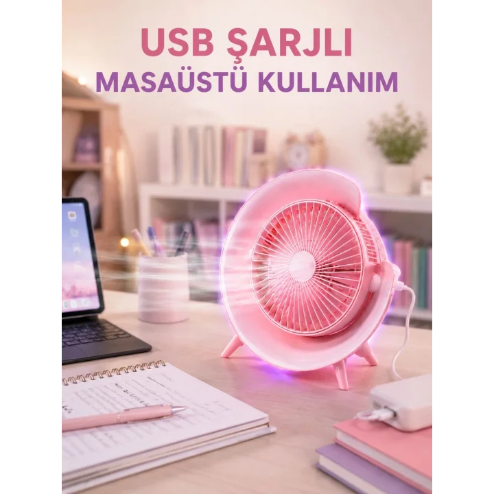 Mey İthalat® Gece Lambası Özellikli Şarjlı Mini Masaüstü Fan