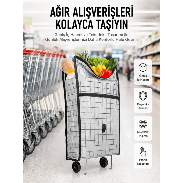 Mey İthalat® Geniş Hacimli Tekerlekli Pazar Çantası Dayanıklı ve Ergonomik