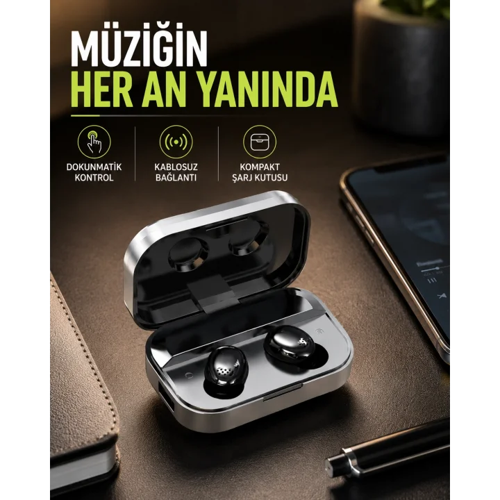 Mey İthalat® Gerçek Kablosuz Kulaklık – Bluetooth 5.0, Şarj Kutulu, Parmak İzi Kontrollü