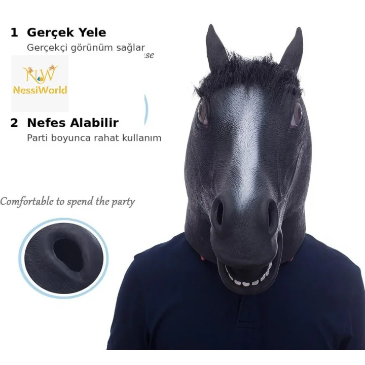 Mey İthalat® Gerçekçi At Kafası Maskesi Siyah Renk