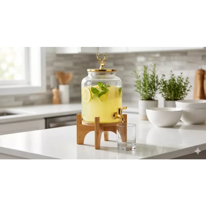 Mey İthalat® Geyik Figürlü Gold Lüks Cam İçecek Sebili - 3.6 Litre Bambu Standlı Meyve Suyu Kovası