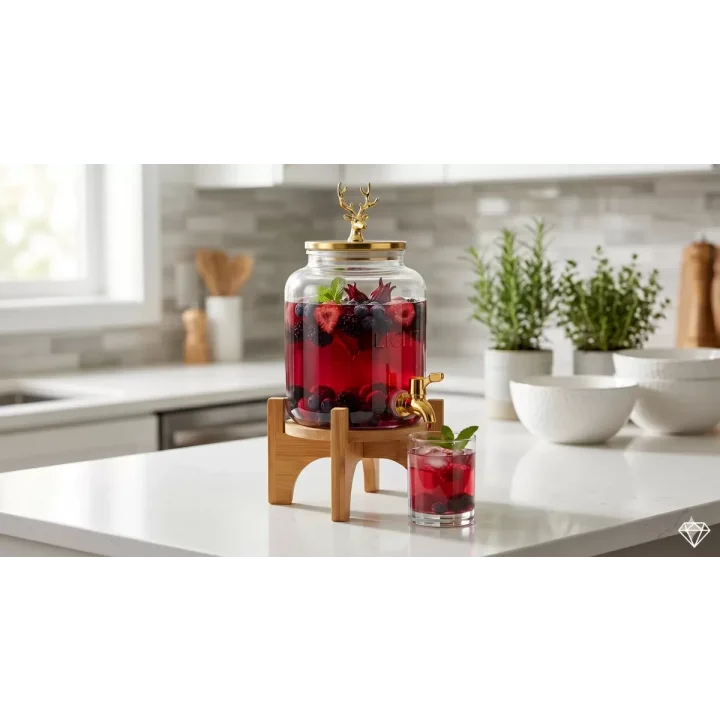 Mey İthalat® Geyik Figürlü Gold Lüks Cam İçecek Sebili - 3.6 Litre Bambu Standlı Meyve Suyu Kovası