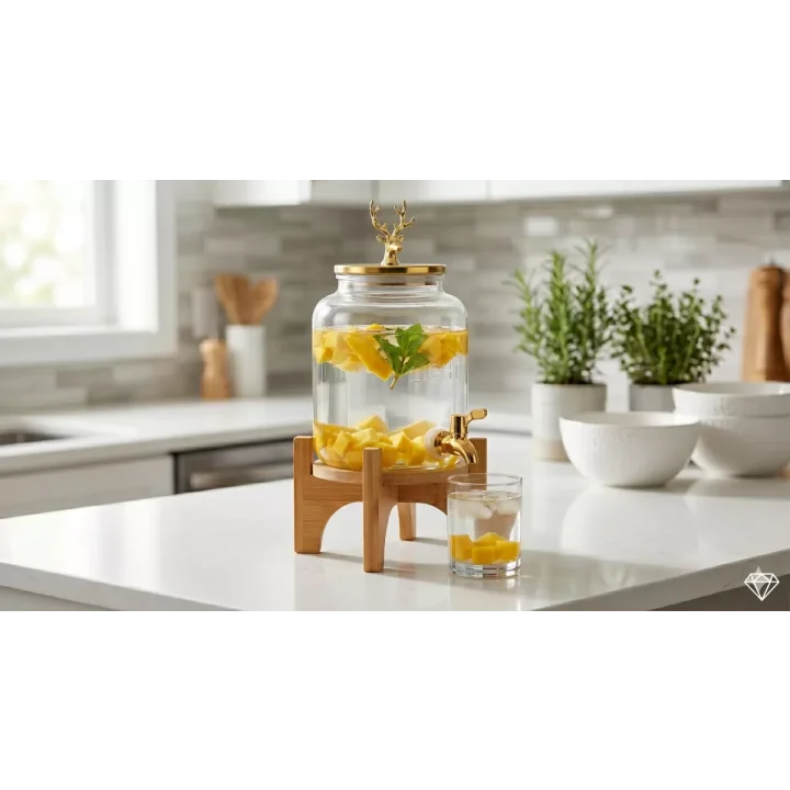 Mey İthalat® Geyik Figürlü Gold Lüks Cam İçecek Sebili - 3.6 Litre Bambu Standlı Meyve Suyu Kovası