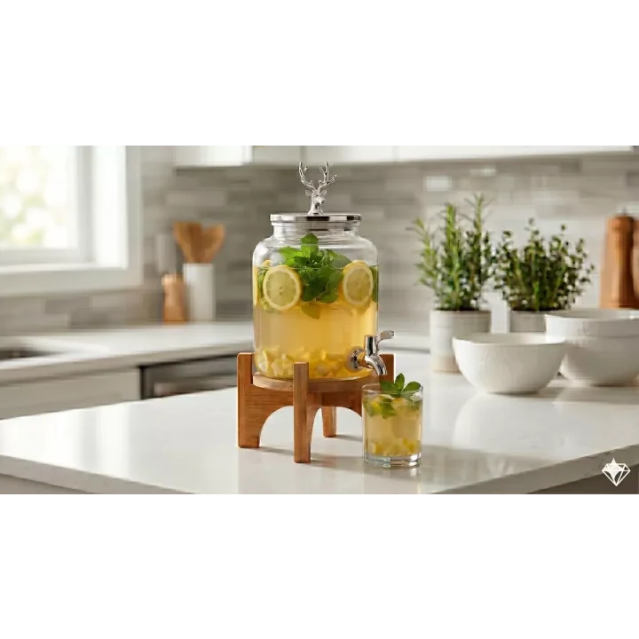 Mey İthalat® Geyik Figürlü Gümüş Lüks Cam İçecek Sebili - 3.6 Litre Bambu Standlı Meyve Suyu Kovası