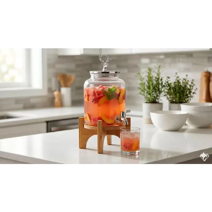 Mey İthalat® Geyik Figürlü Gümüş Lüks Cam İçecek Sebili - 3.6 Litre Bambu Standlı Meyve Suyu Kovası