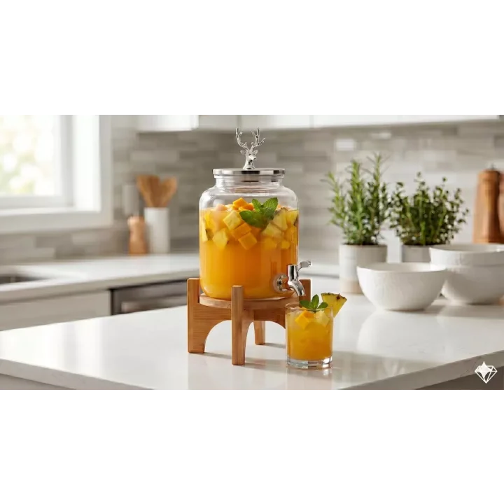 Mey İthalat® Geyik Figürlü Gümüş Lüks Cam İçecek Sebili - 3.6 Litre Bambu Standlı Meyve Suyu Kovası
