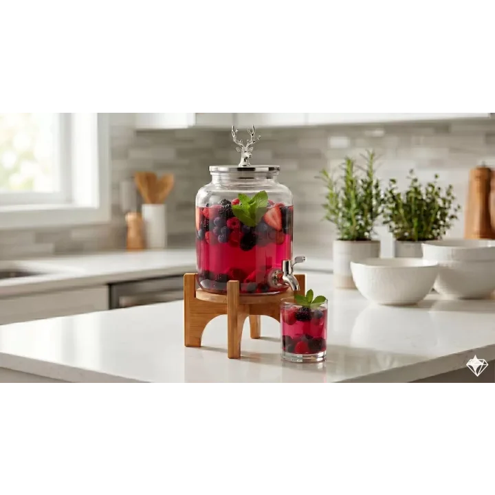 Mey İthalat® Geyik Figürlü Gümüş Lüks Cam İçecek Sebili - 3.6 Litre Bambu Standlı Meyve Suyu Kovası