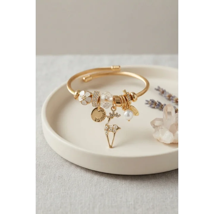 Mey İthalat® Geyik Model Gold Renk Beyaz Charmlı Bileklik
