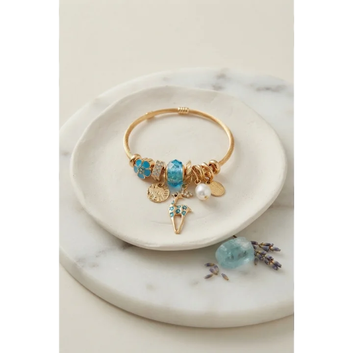 Mey İthalat® Geyik Model Gold Renk Mavi Charmlı Bileklik