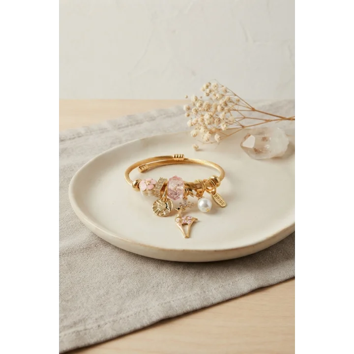 Mey İthalat® Geyik Model Gold Renk Pembe Charmlı Bileklik