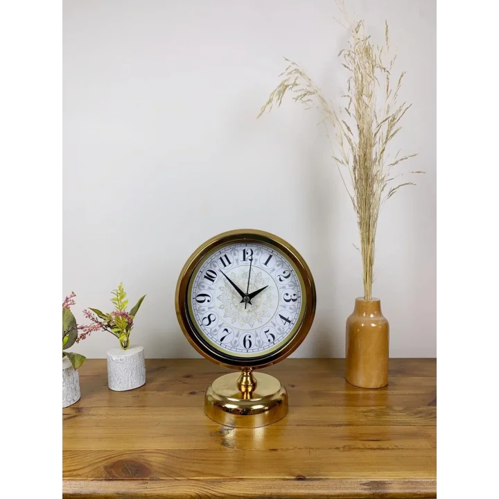 Mey İthalat® Gold Metal Çini Desen Masa Saati 25×20 cm