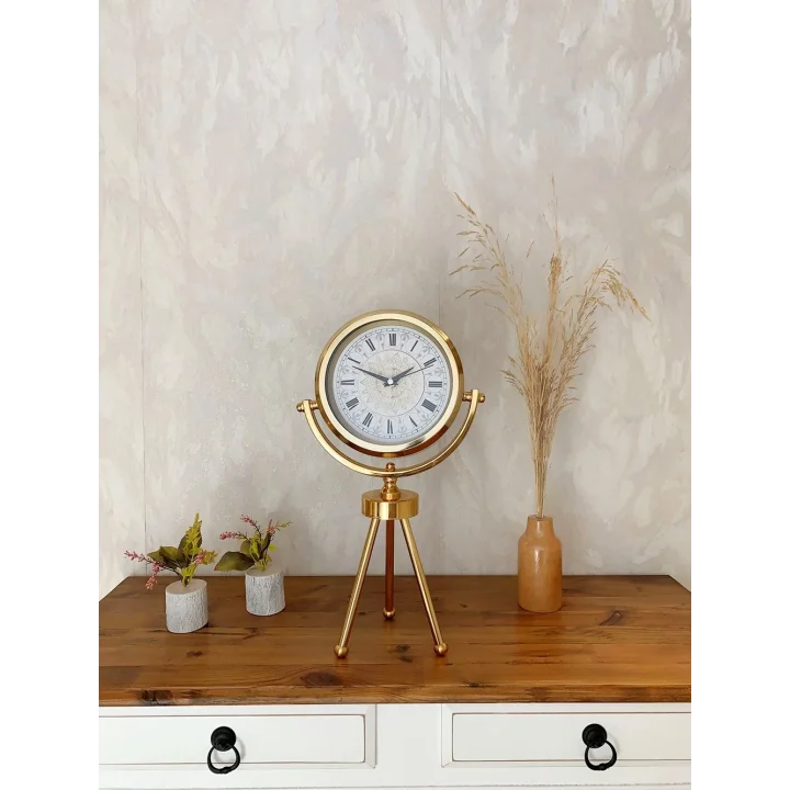 Mey İthalat® Gold Metal Mini Tripod Çini Desenli Roma Rakamı Masa Saati 45×26 cm