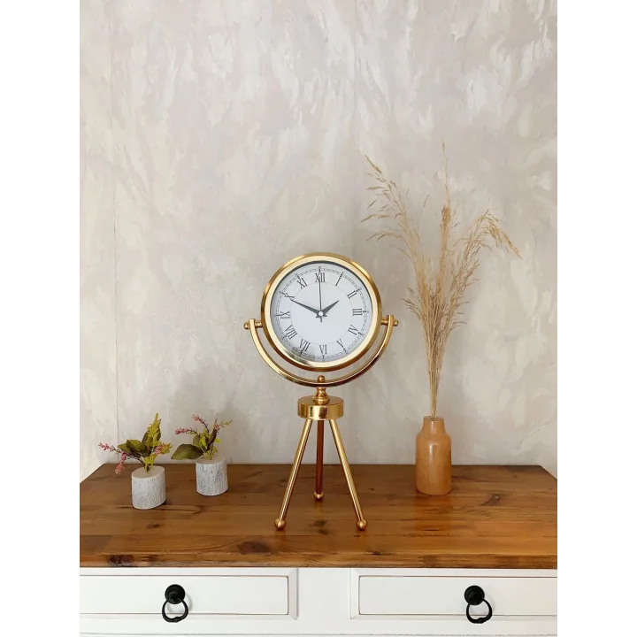 Mey İthalat® Gold Metal Mini Tripod Retro Masa Saati 45×26 cm