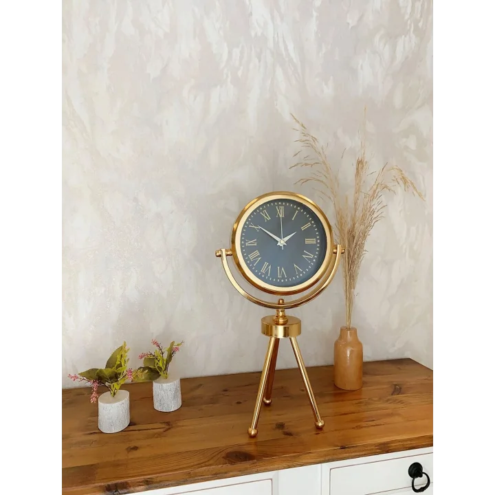 Mey İthalat® Gold Metal Mini Tripod Sade Masa Saati 45×26 cm