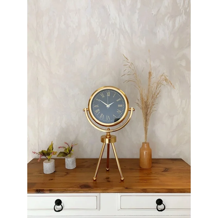 Mey İthalat® Gold Metal Mini Tripod Sade Masa Saati 45×26 cm