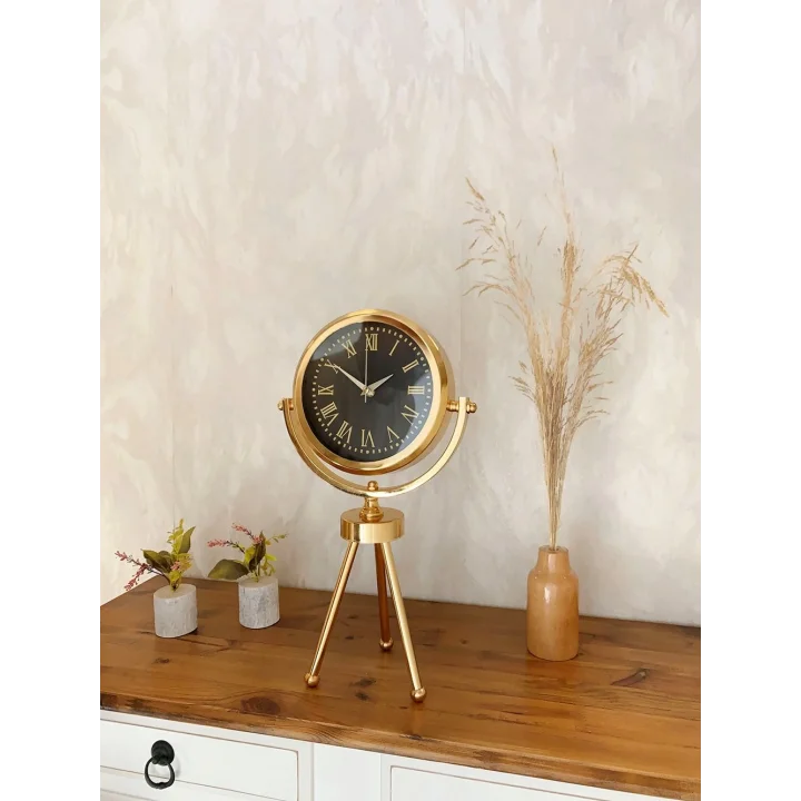 Mey İthalat® Gold Metal Mini Tripod Sade Masa Saati 45×26 cm