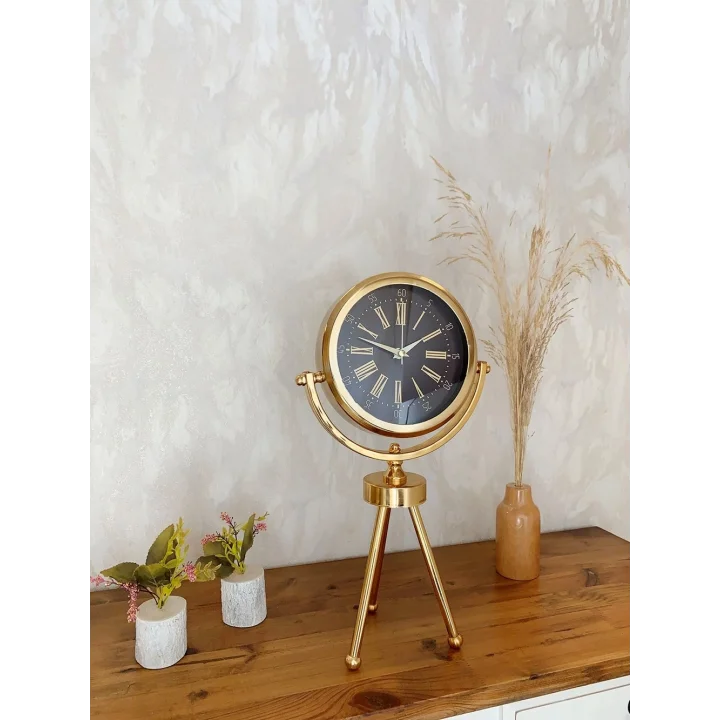 Mey İthalat® Gold Metal Mini Tripod Zarif Masa Saati 45×26 cm