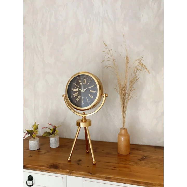 Mey İthalat® Gold Metal Mini Tripod Zarif Masa Saati 45×26 cm