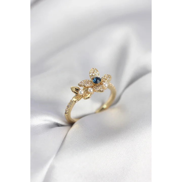 Mey İthalat® Gold Renk Çiçek Model Zirkon Taşlı Kadın Yüzük