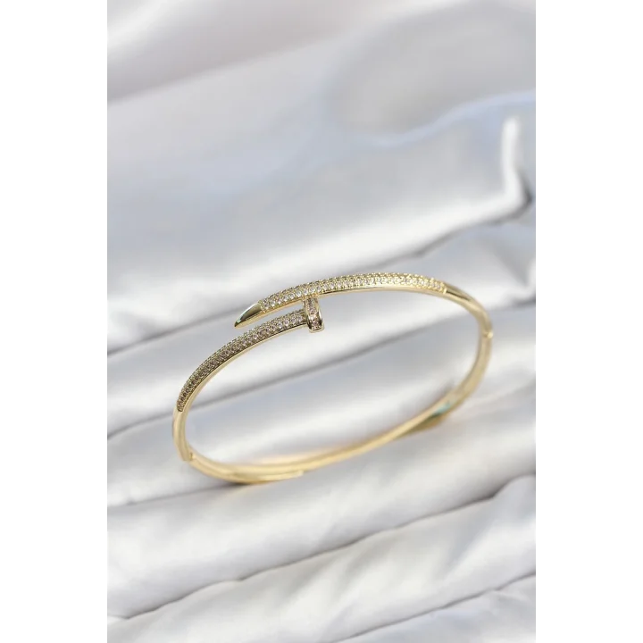 Mey İthalat® Gold Renk Çivi Model Zirkon Taşlı Kadın Kelepçe Bileklik