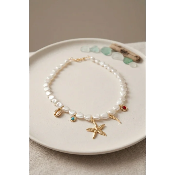 Mey İthalat® Gold Renk Deniz Temalı Charm Detaylı İnci Kolye