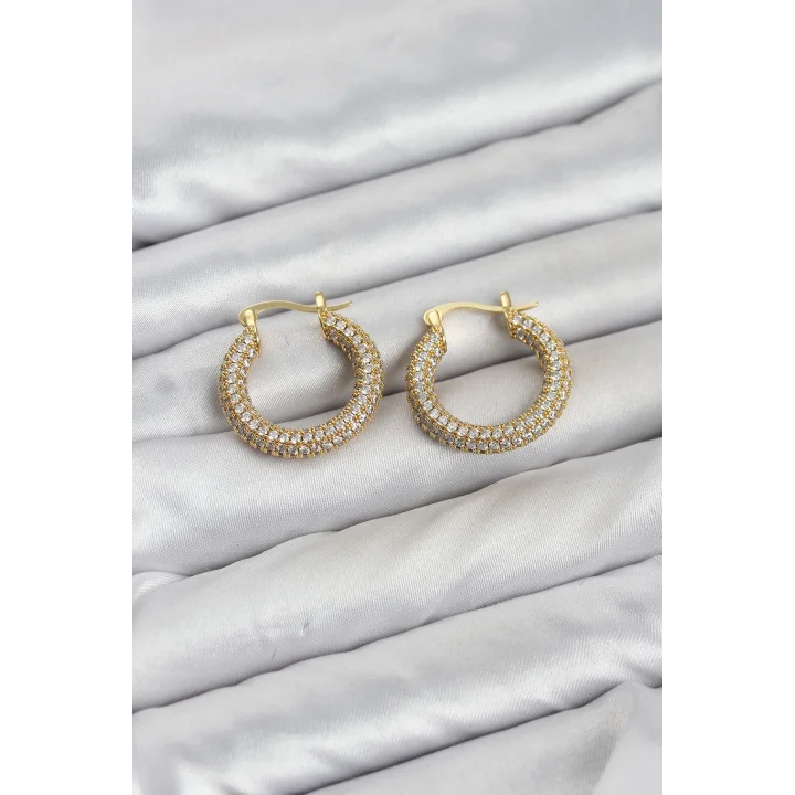 Mey İthalat® Gold Renk Full Zirkon Taşlı Halka Kadın Küpe