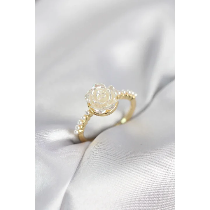 Mey İthalat® Gold Renk Gül Model İncili Kadın Yüzük