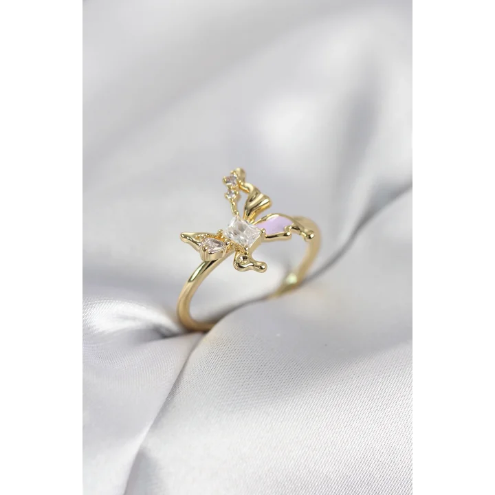 Mey İthalat® Gold Renk Kelebek Model Zirkon Taşlı Kadın Yüzük
