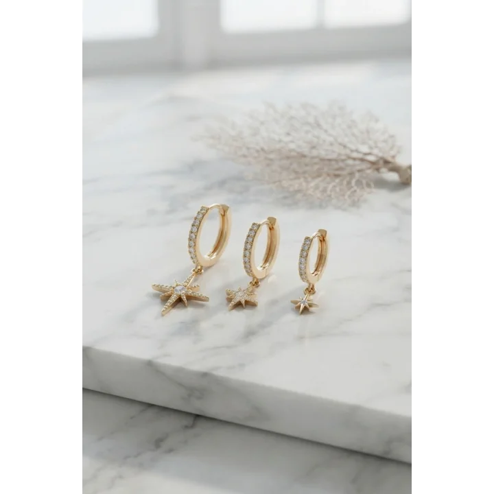Mey İthalat® Gold Renk Kutup Yıldız Model 3 lü Küpe Seti