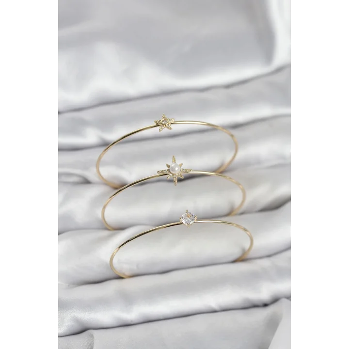 Mey İthalat® Gold Renk Kutup Yıldızı Model Zirkon Taşlı 3lü Kadın Bileklik Kombini