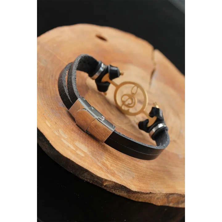 Mey İthalat® Gold Renk Metal Sol Anahtarlı Tasarım Siyah Renk Deri Erkek Bileklik