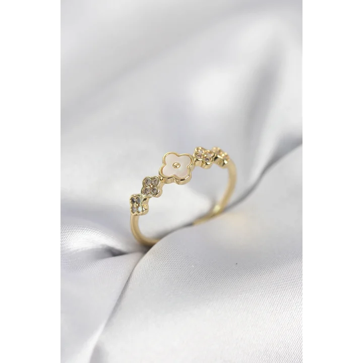 Mey İthalat® Gold Renk Minimal Yonca ve Zirkon Taşlı Kadın Yüzük