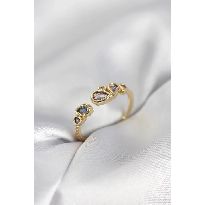 Mey İthalat® Gold Renk Mor Damla Zirkon Taşlı Kadın Yüzük