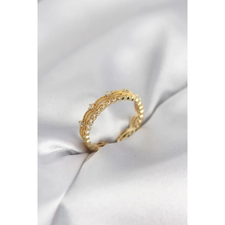 Mey İthalat® Gold Renk Motif Desenli Zirkon Taşlı Kadın Yüzük