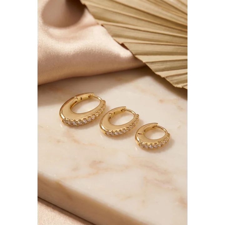 Mey İthalat® Gold Renk Oval Halka Model Zirkon Taşlı 3 lü Küpe Set