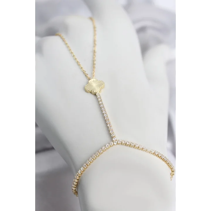 Mey İthalat® Gold Renk Pirinç Lazerli Yonca Model Zirkon Taşlı Şahmeran
