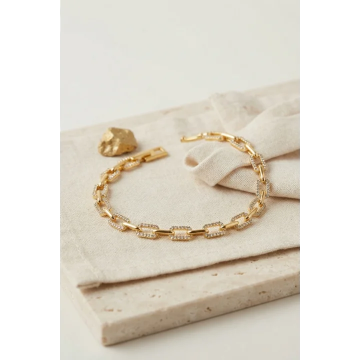 Mey İthalat® Gold Renk Pirinç Sıralı Kare Model Zirkon Taşlı Bileklik