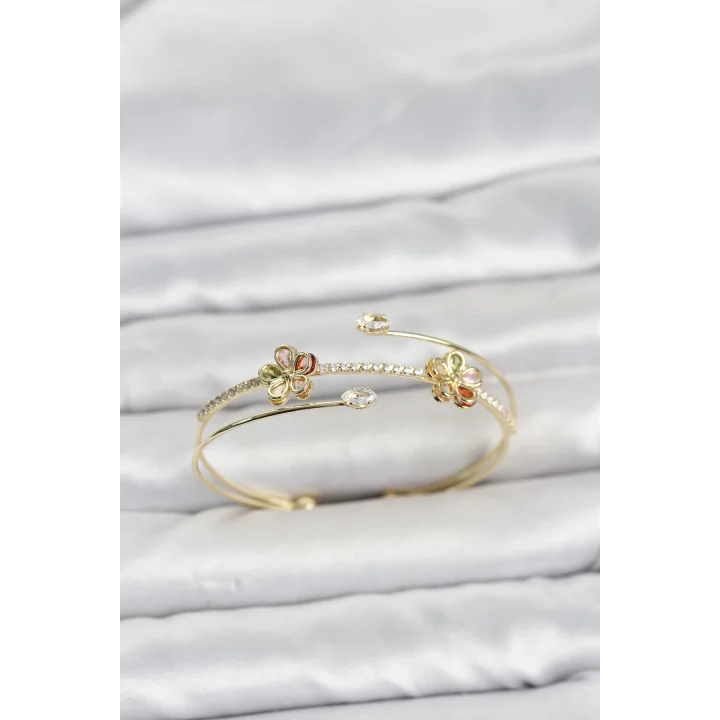 Mey İthalat® Gold Renk Pirinç Zirkon Taşlı Çiçek Model Kadın Bileklik