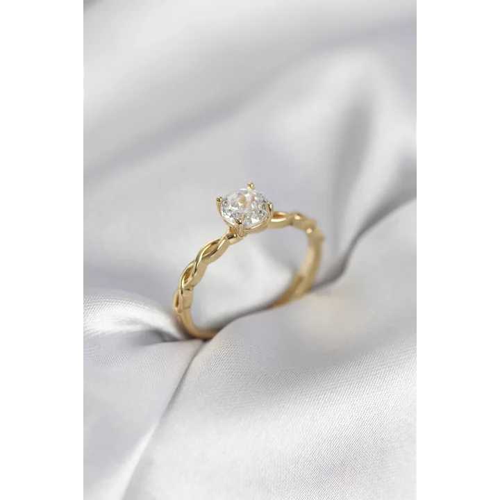 Mey İthalat® Gold Renk Sarmal Zincir Model Tek Taş Model Zirkon Taşlı Kadın Yüzük